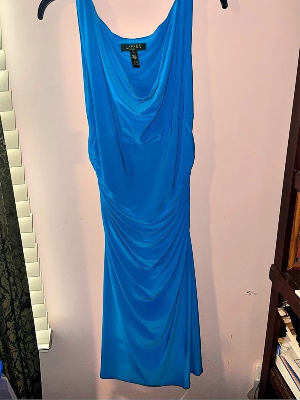 Lauren Ralph Lauren Blue Cowl Neck Ruched Midi Dress Maxi Dress Size 12